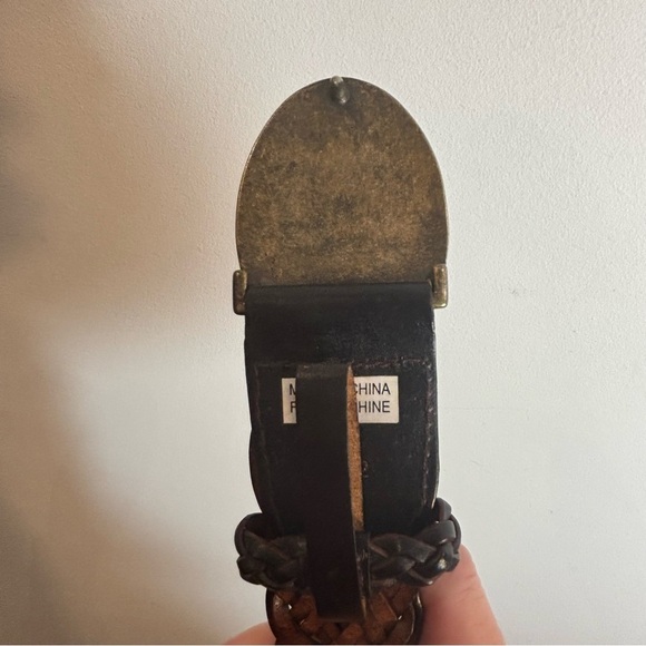 BELT Black Braided Vegan Leather Metal Oval Buckle with Blue Stones Pin Closure - Picture 8 of 8